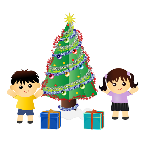 Vektorový obrázek, ilustrační klipart Děti u stromečku zdarma ke stažení, Vánoce vektor do vašich dokumentů